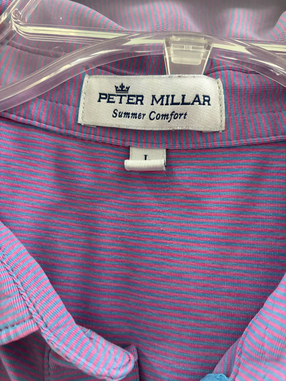Peter Millar summer comfort Lavender blue with pink stripe golf Shirt polo